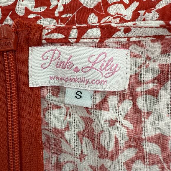 Pink Lily Red White Floral Mini Dress S Ruffle Hem Girly Feminine Garden Party - Picture 5 of 7